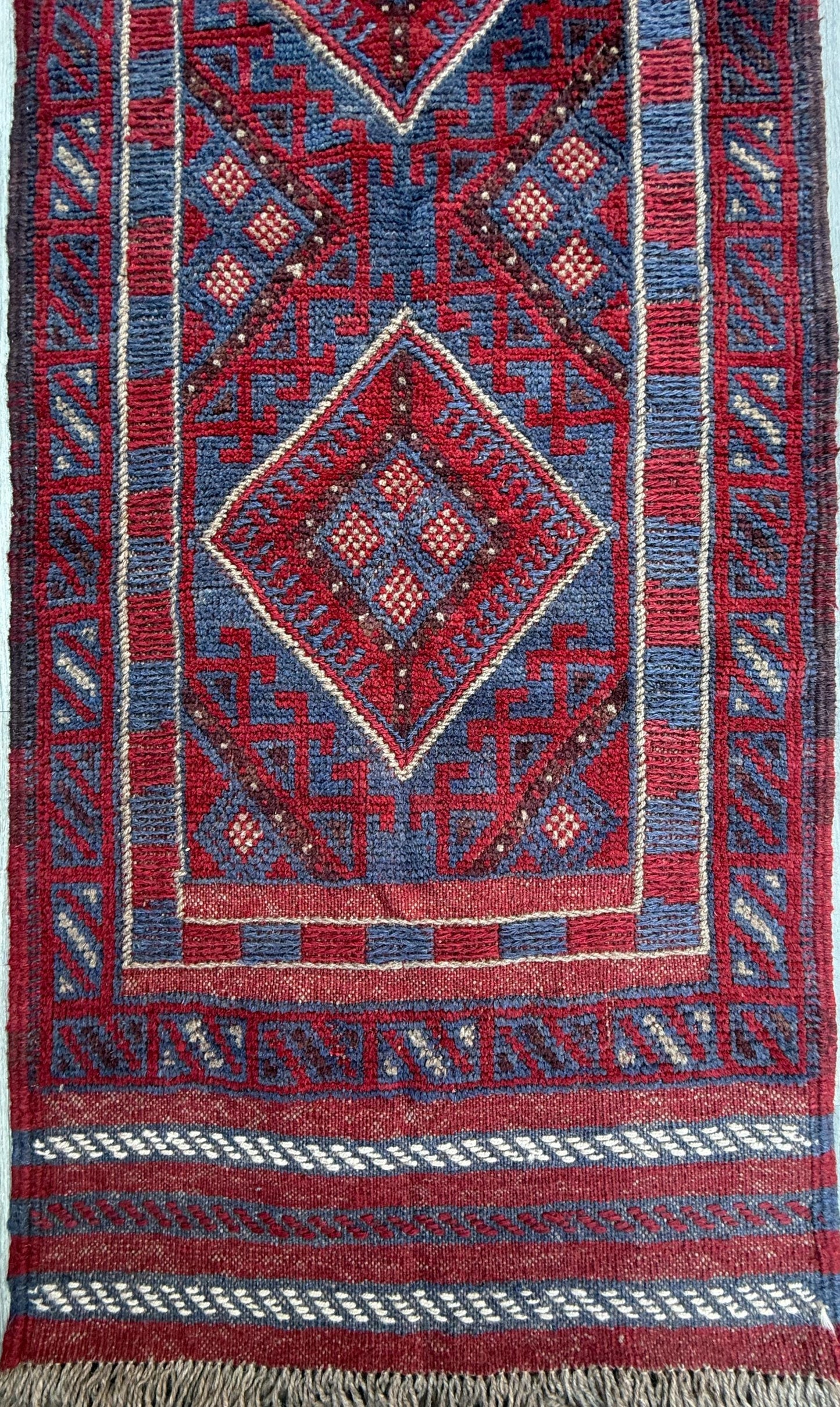8.5x2 ft Vintage 1990s Afghan Mashwani Kilim Runner Rug: Hand Knotted Wool Tribal Area Carpet