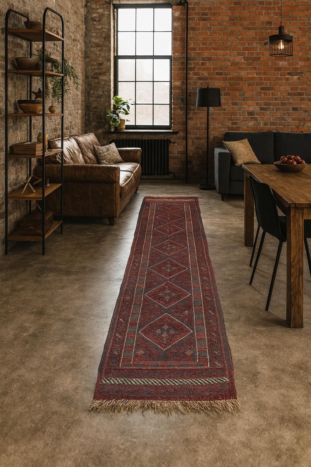 8.5x2 ft Vintage 1990s Afghan Mashwani Kilim Runner Rug: Hand Knotted Wool Tribal Area Carpet