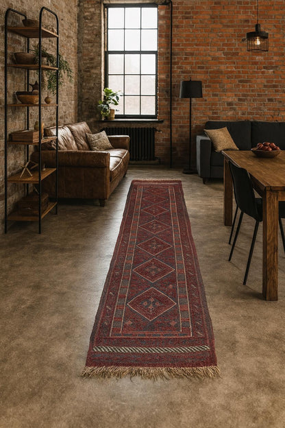 8.5x2 ft Vintage 1990s Afghan Mashwani Kilim Runner Rug: Hand Knotted Wool Tribal Area Carpet