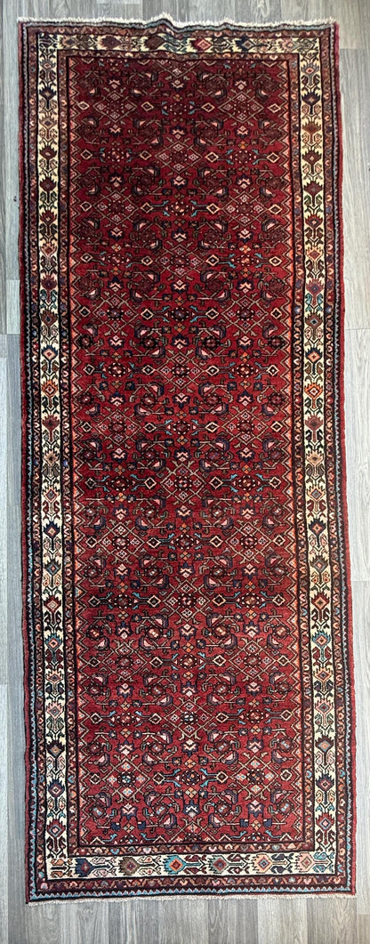 4x11 ft. Vintage 1940s Runner Rug: Hand Knotted Wool Anatolian Village Geometric Carpet