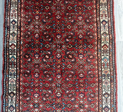 4x11 ft. Vintage 1940s Runner Rug: Hand Knotted Wool Anatolian Village Geometric Carpet