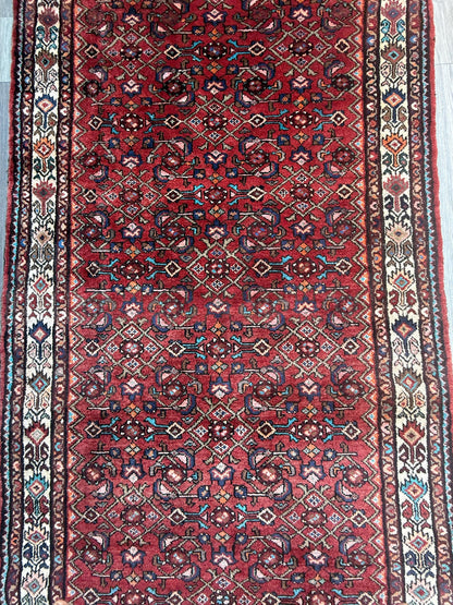 4x11 ft. Vintage 1940s Runner Rug: Hand Knotted Wool Anatolian Village Geometric Carpet