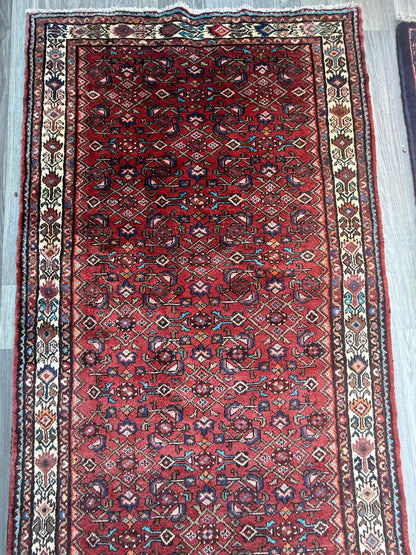4x11 ft. Vintage 1940s Runner Rug: Hand Knotted Wool Anatolian Village Geometric Carpet
