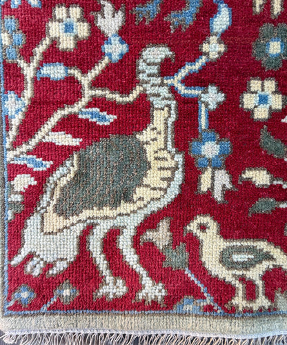 1.11x3 ft Bohemian Oushak Rug: Hand-Knotted Birds Design, Contemporary Wool Carpet