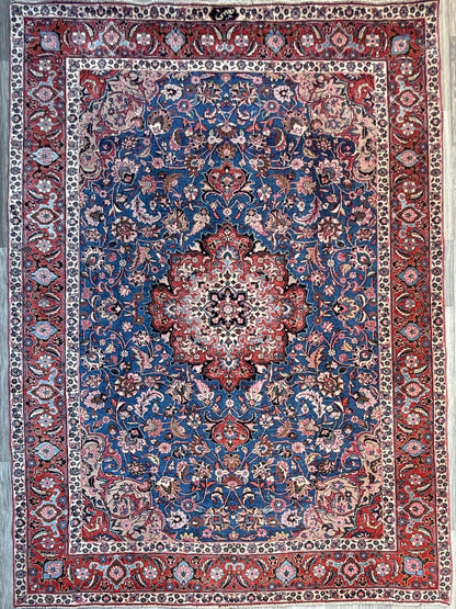 8x10 ft Signed 1950s Vintage Rug: Hand-Knotted Wool, Bohemian Royal Design