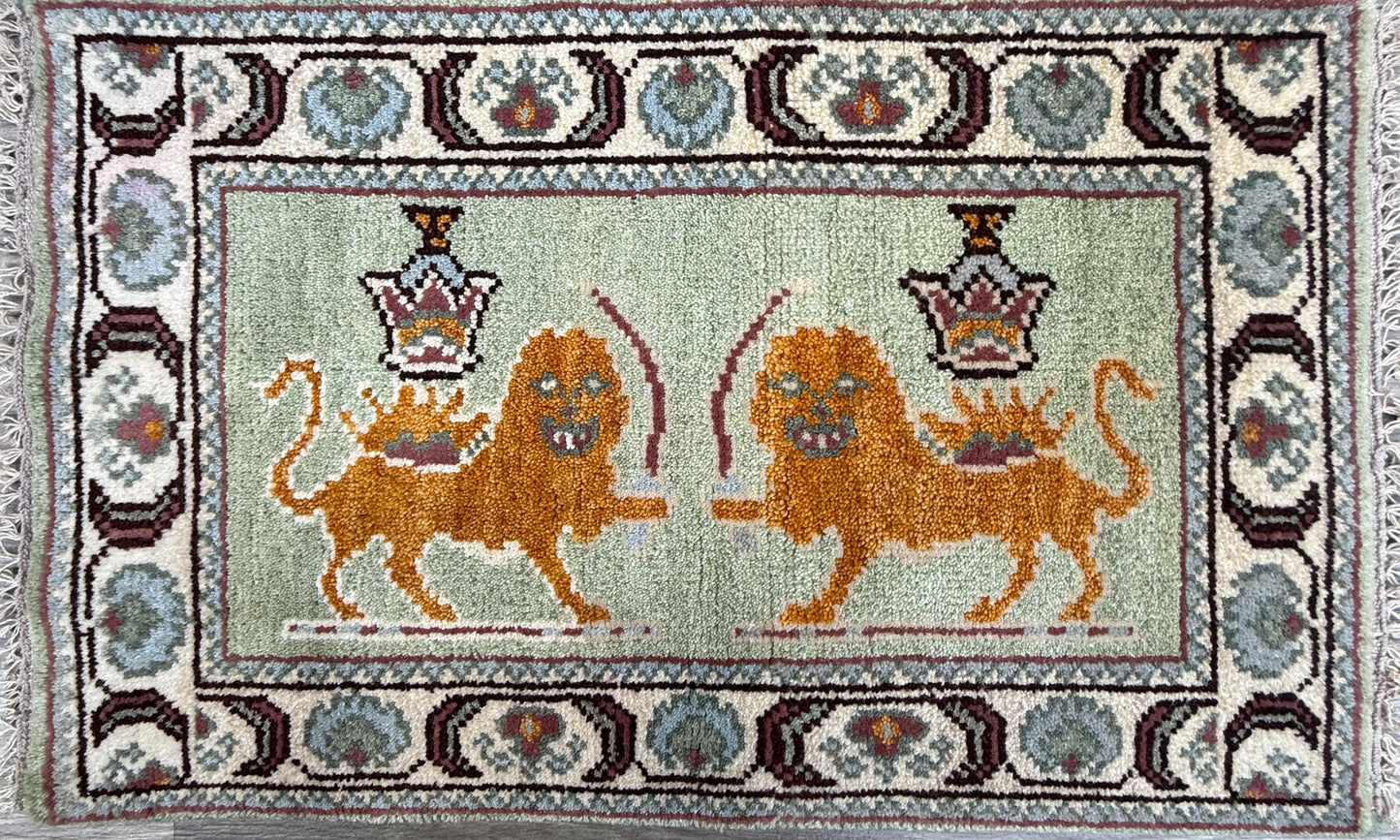 2x3 ft Oushak Tree of Life Lion Wool Rug: Hand Knotted