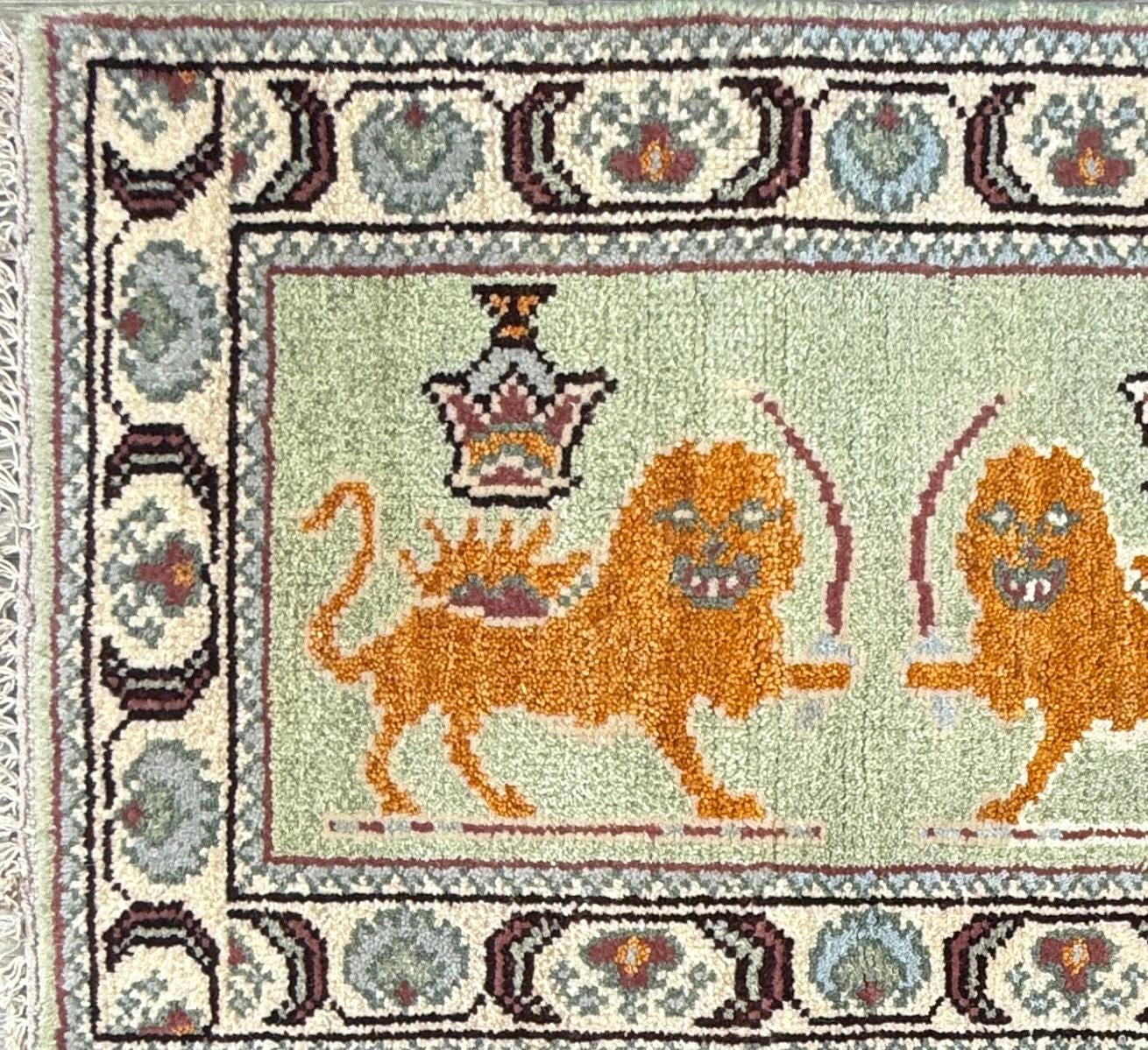 2x3 ft Oushak Tree of Life Lion Wool Rug: Hand Knotted