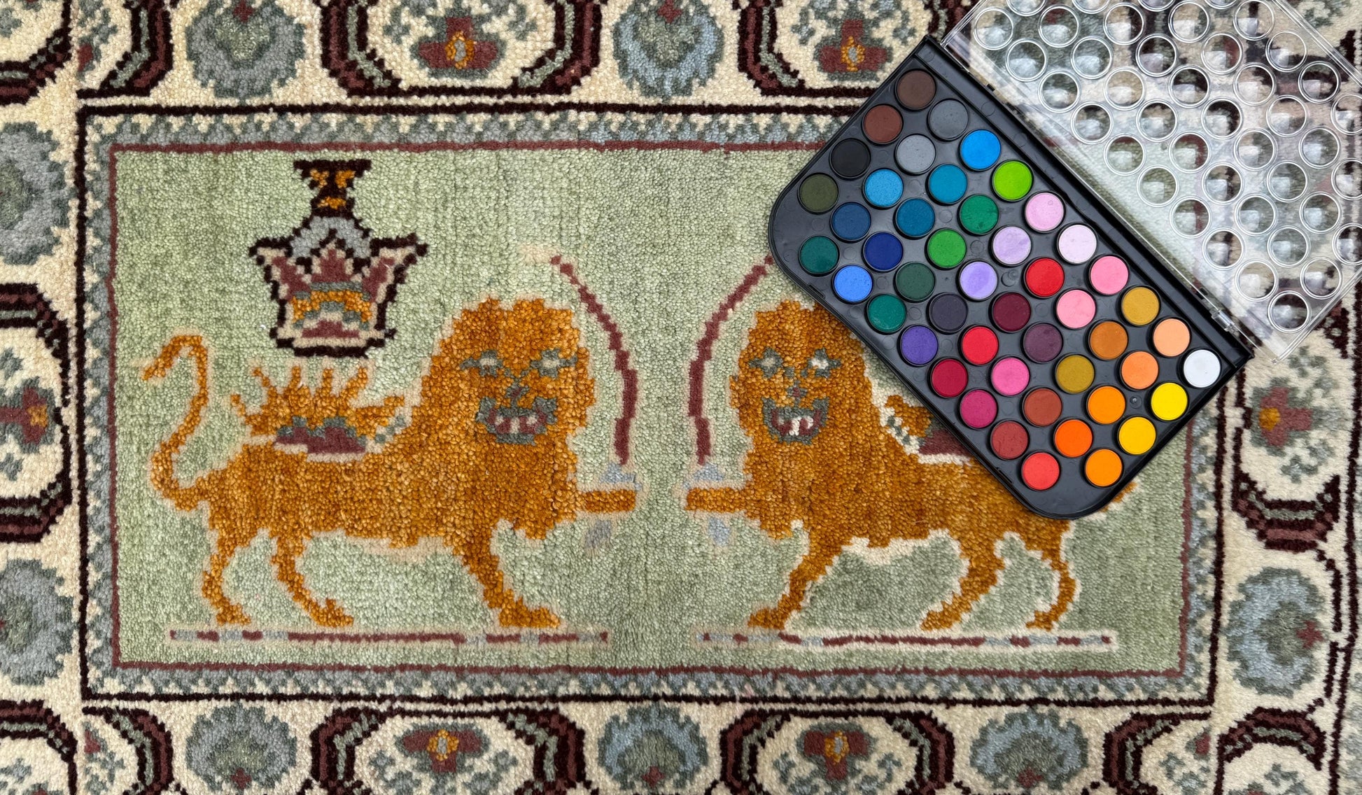 2x3 ft Oushak Tree of Life Lion Wool Rug: Hand Knotted