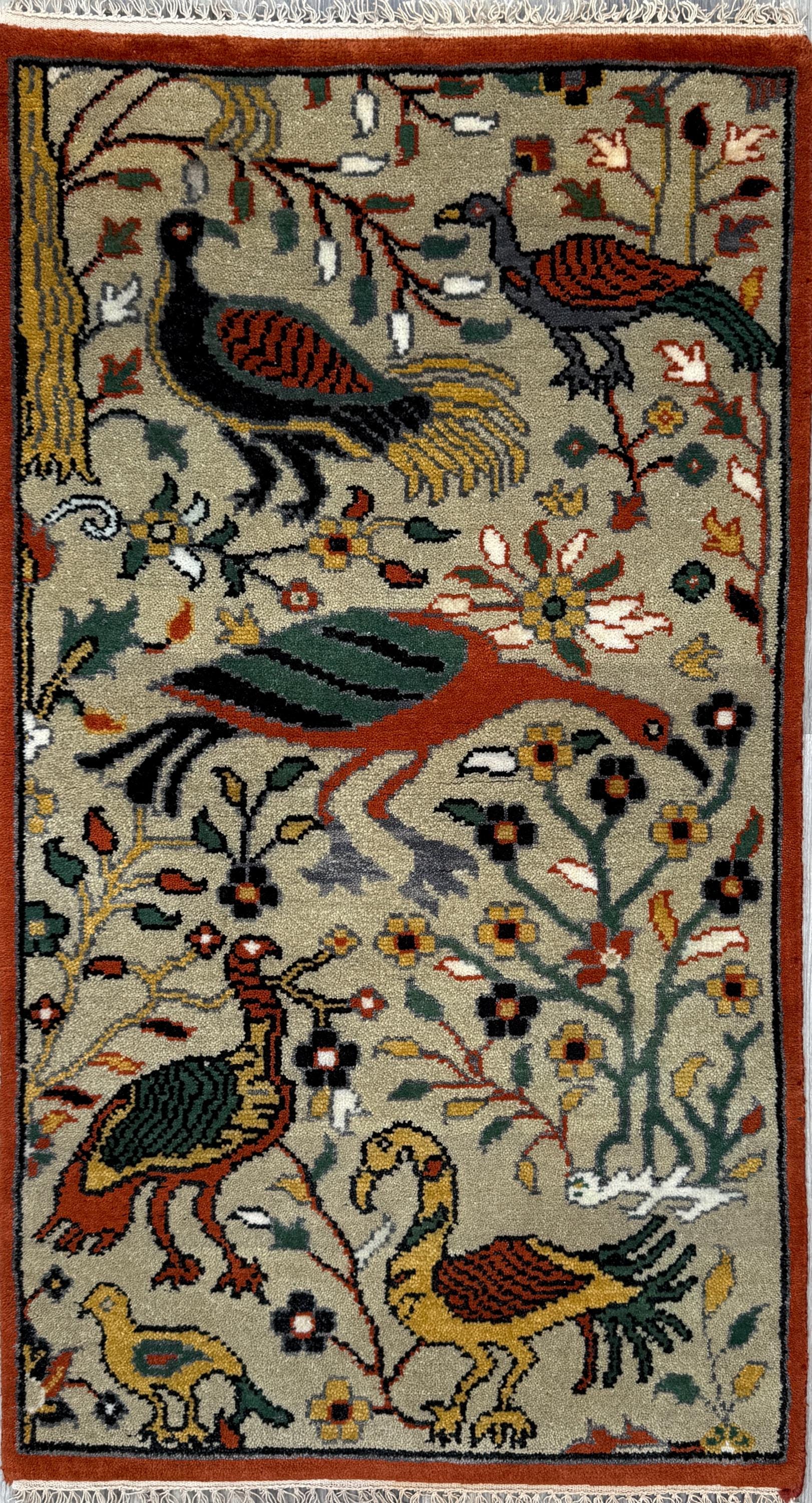3x5 ft Bohemian Oushak Rug: Tree of Life Bird Design Modern Hand Knotted Wool Carpet
