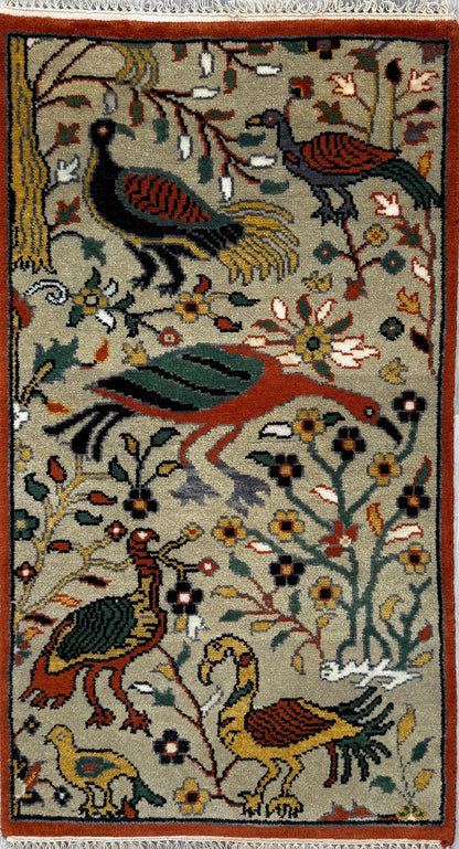 3x5 ft Bohemian Oushak Rug: Tree of Life Bird Design Modern Hand Knotted Wool Carpet