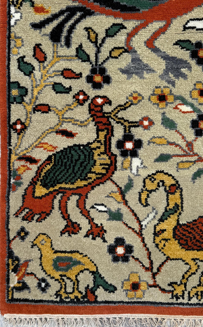 3x5 ft Bohemian Oushak Rug: Tree of Life Bird Design Modern Hand Knotted Wool Carpet