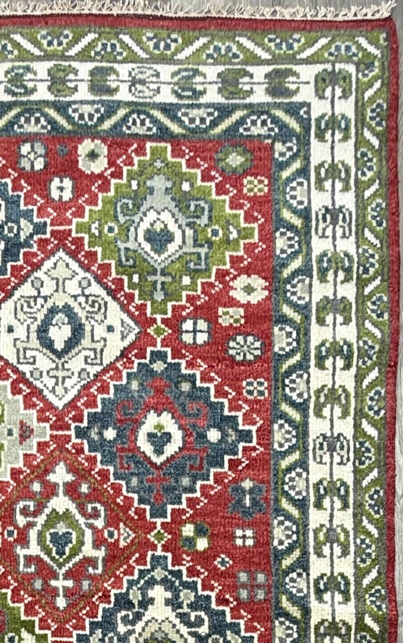 4x6 ft Oushak Geometrical Rug: Village Made Wool Carpet Hand Knotted Bohemian Style