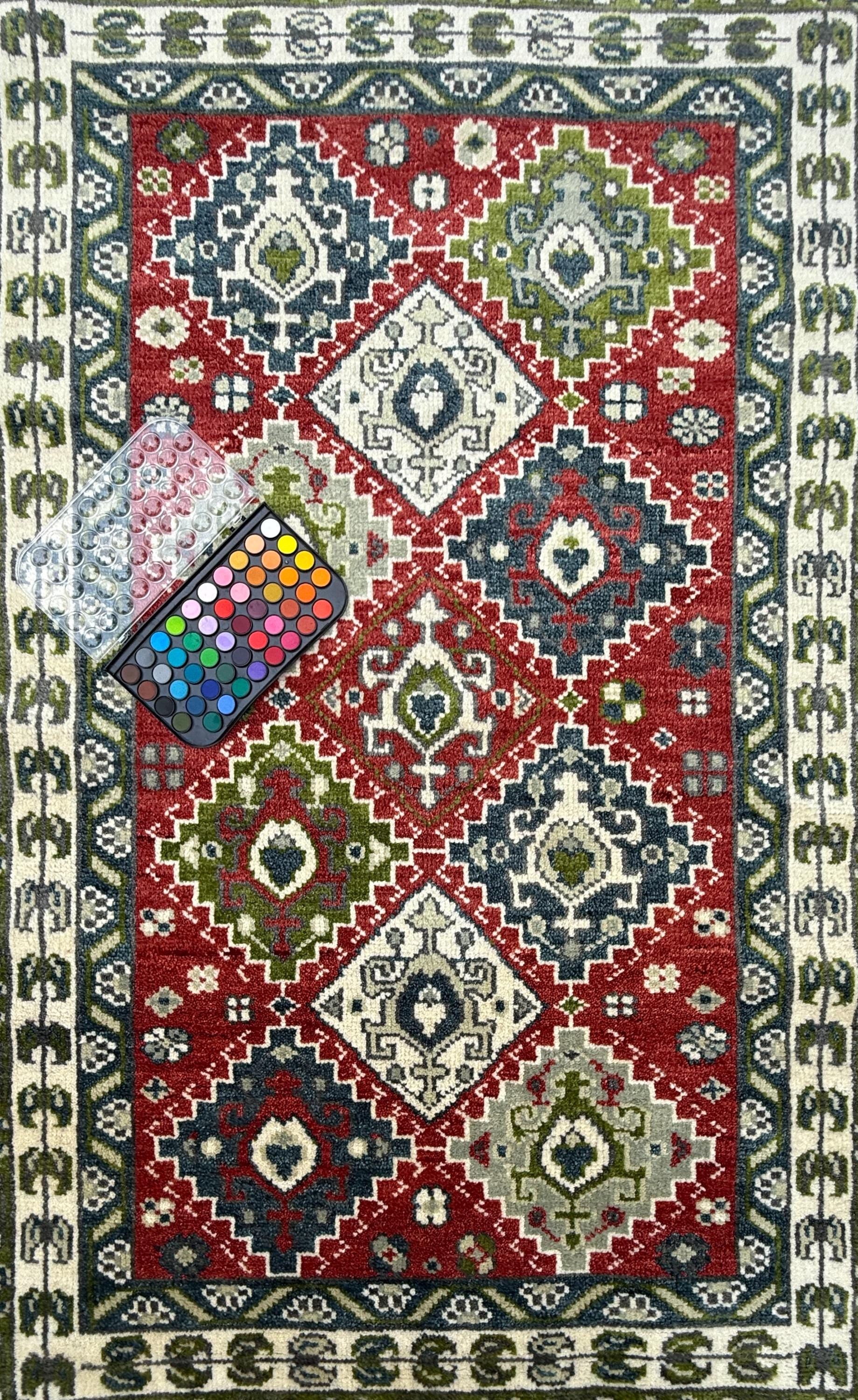 4x6 ft Oushak Geometrical Rug: Village Made Wool Carpet Hand Knotted Bohemian Style