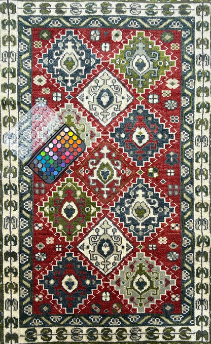 4x6 ft Oushak Geometrical Rug: Village Made Wool Carpet Hand Knotted Bohemian Style