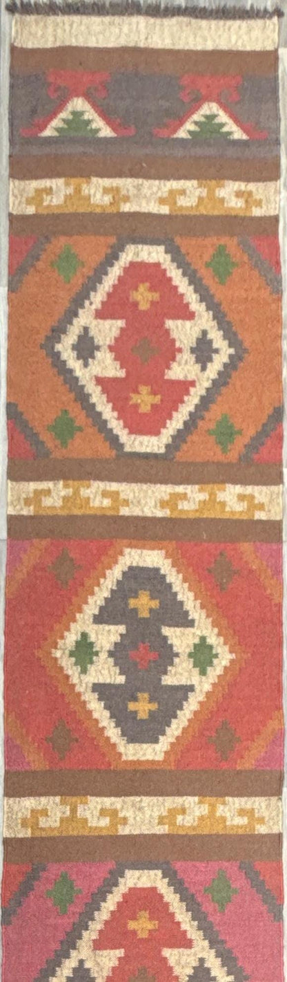 2.5x12 ft Geometric Anatolian Kilim, Flat Weave Handwoven Runner