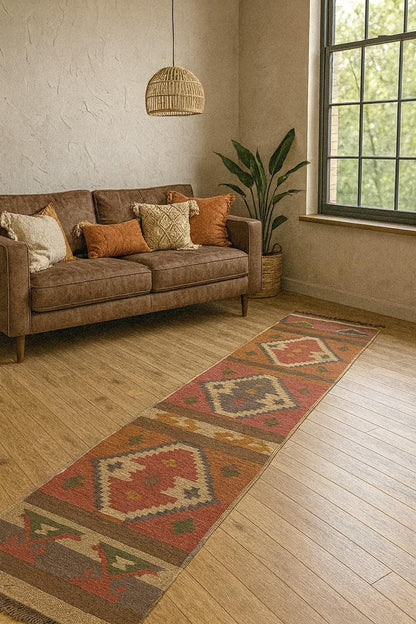 2.5x12 ft Geometric Anatolian Kilim, Flat Weave Handwoven Runner