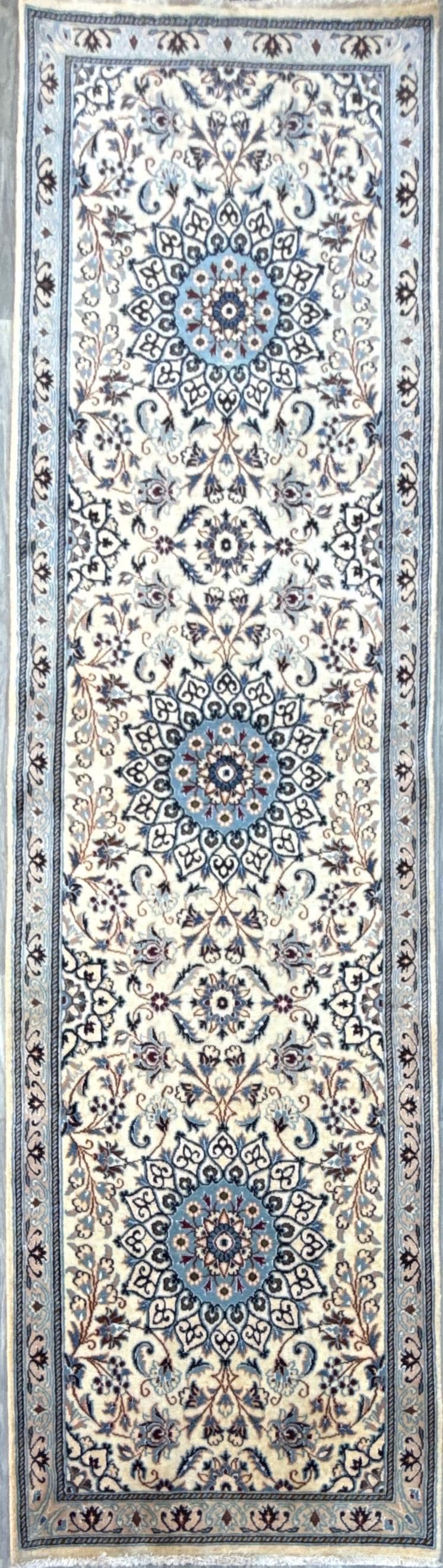 9.5x2.8 ft Vintage 1970s Pastel Nain Hand Knotted Rug: Wool & Silk Touch Runner Carpet