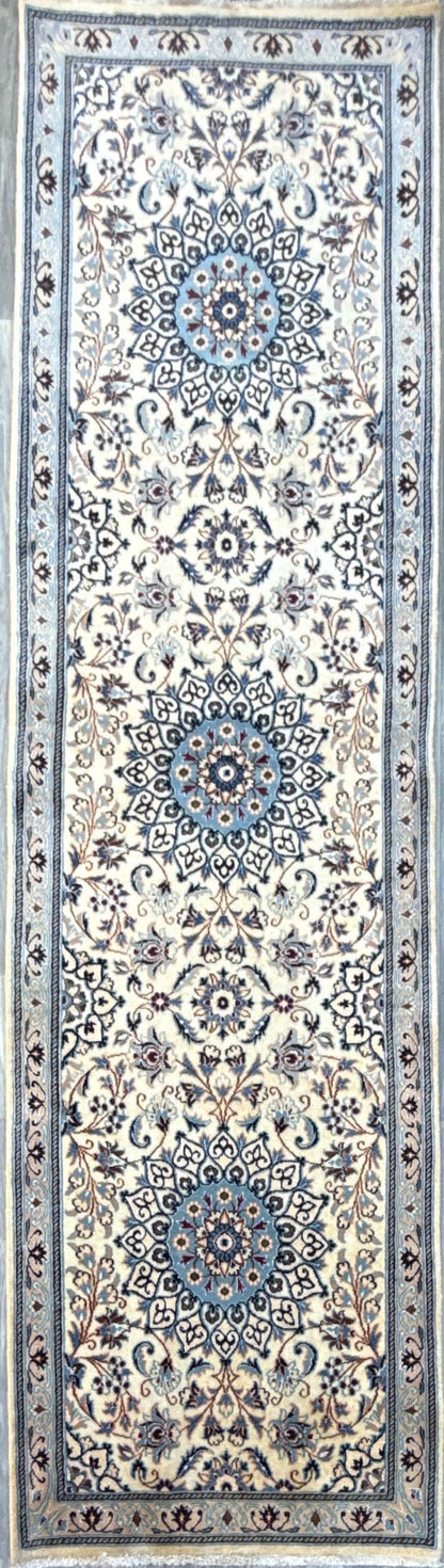 9.5x2.8 ft Vintage 1970s Pastel Nain Hand Knotted Rug: Wool & Silk Touch Runner Carpet