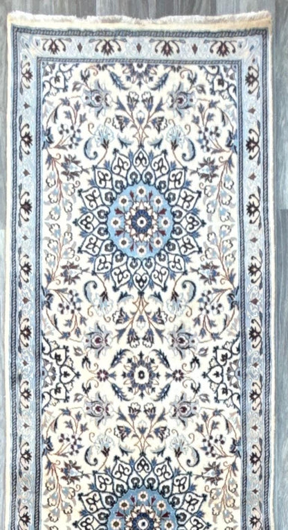 9.5x2.8 ft Vintage 1970s Pastel Nain Hand Knotted Rug: Wool & Silk Touch Runner Carpet