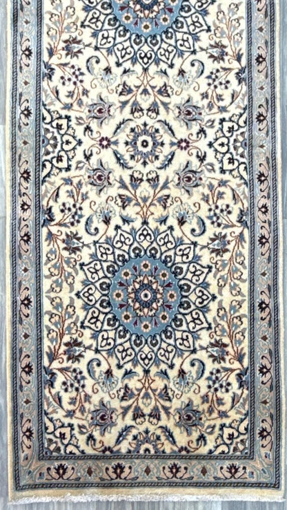 9.5x2.8 ft Vintage 1970s Pastel Nain Hand Knotted Rug: Wool & Silk Touch Runner Carpet