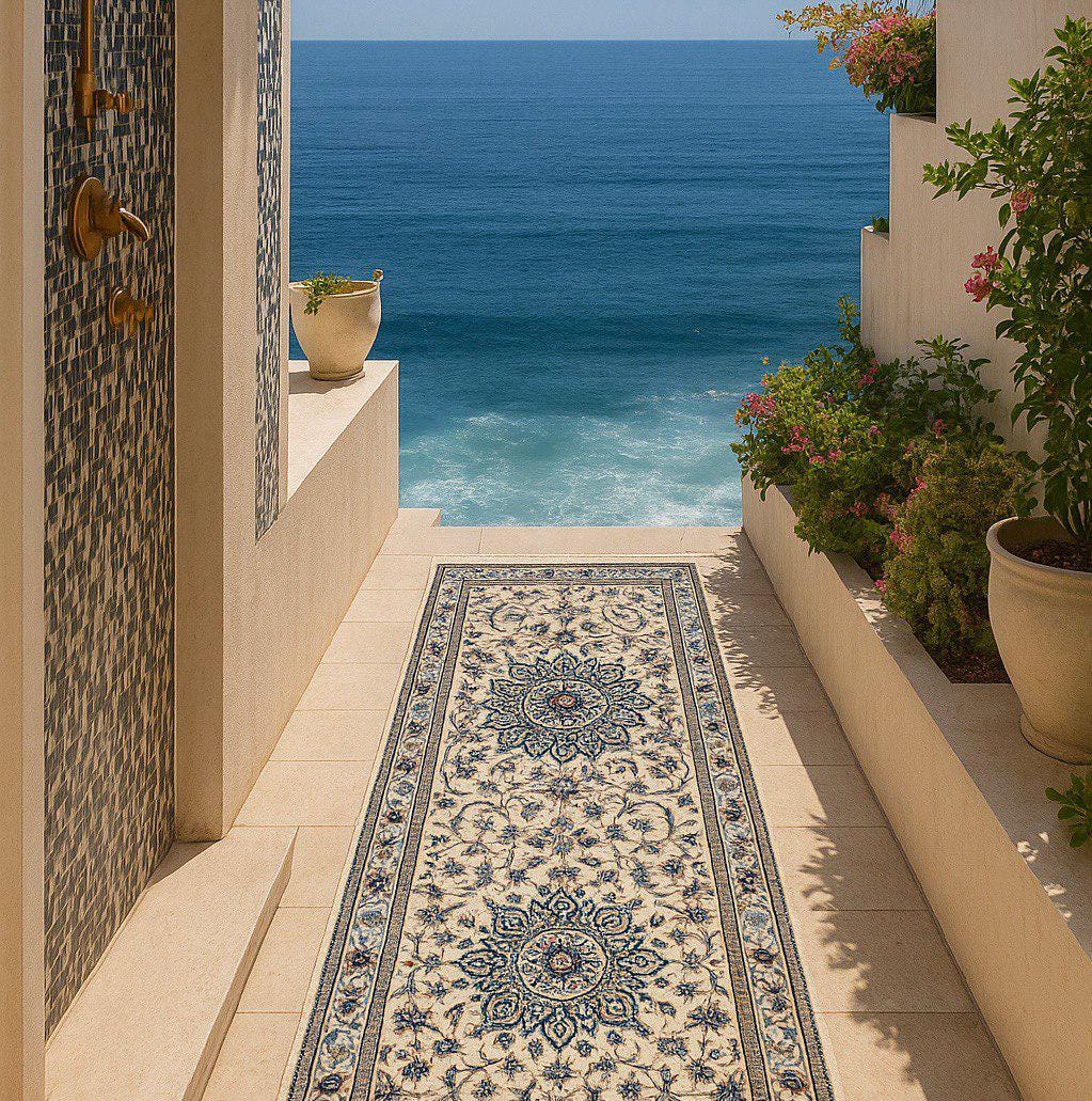 9.5x2.8 ft Vintage 1970s Pastel Nain Hand Knotted Rug: Wool & Silk Touch Runner Carpet