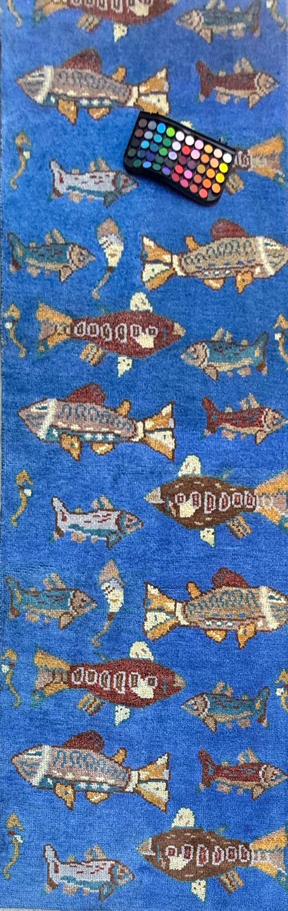 Hand-Knotted Wool Oushak Runner Rug: Fish & Sea Design (2.7x8 Ft)