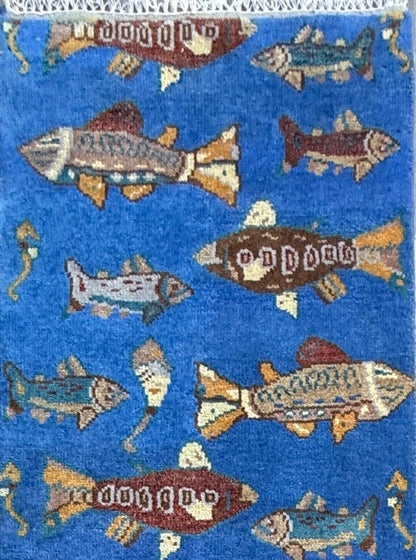 Hand-Knotted Wool Oushak Runner Rug: Fish & Sea Design (2.7x8 Ft)