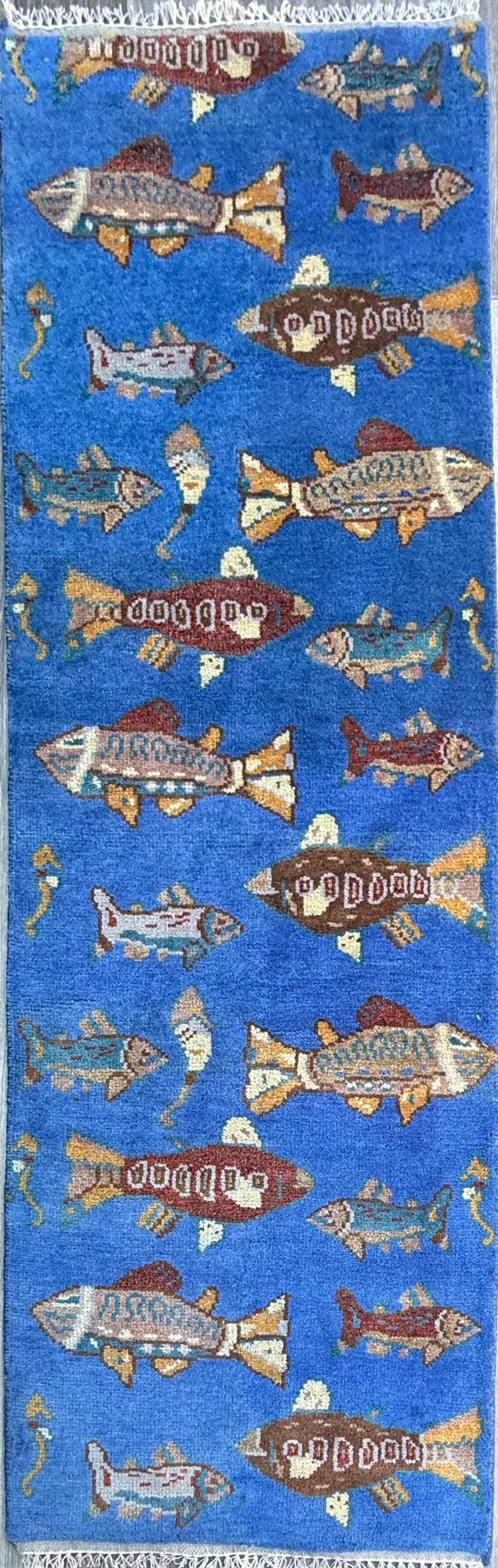 Hand-Knotted Wool Oushak Runner Rug: Fish & Sea Design (2.7x8 Ft)