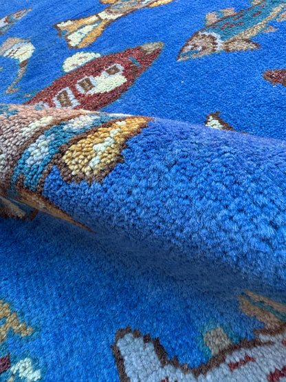 Hand-Knotted Wool Oushak Runner Rug: Fish & Sea Design (2.7x8 Ft)