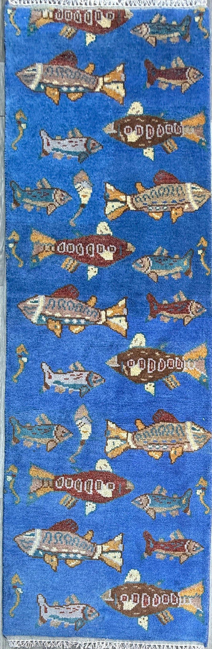 Hand-Knotted Wool Oushak Runner Rug: Fish & Sea Design (2.7x8 Ft)