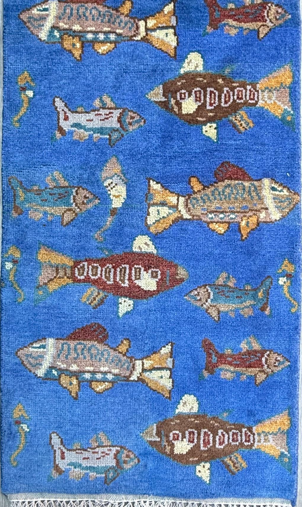 Hand-Knotted Wool Oushak Runner Rug: Fish & Sea Design (2.7x8 Ft)