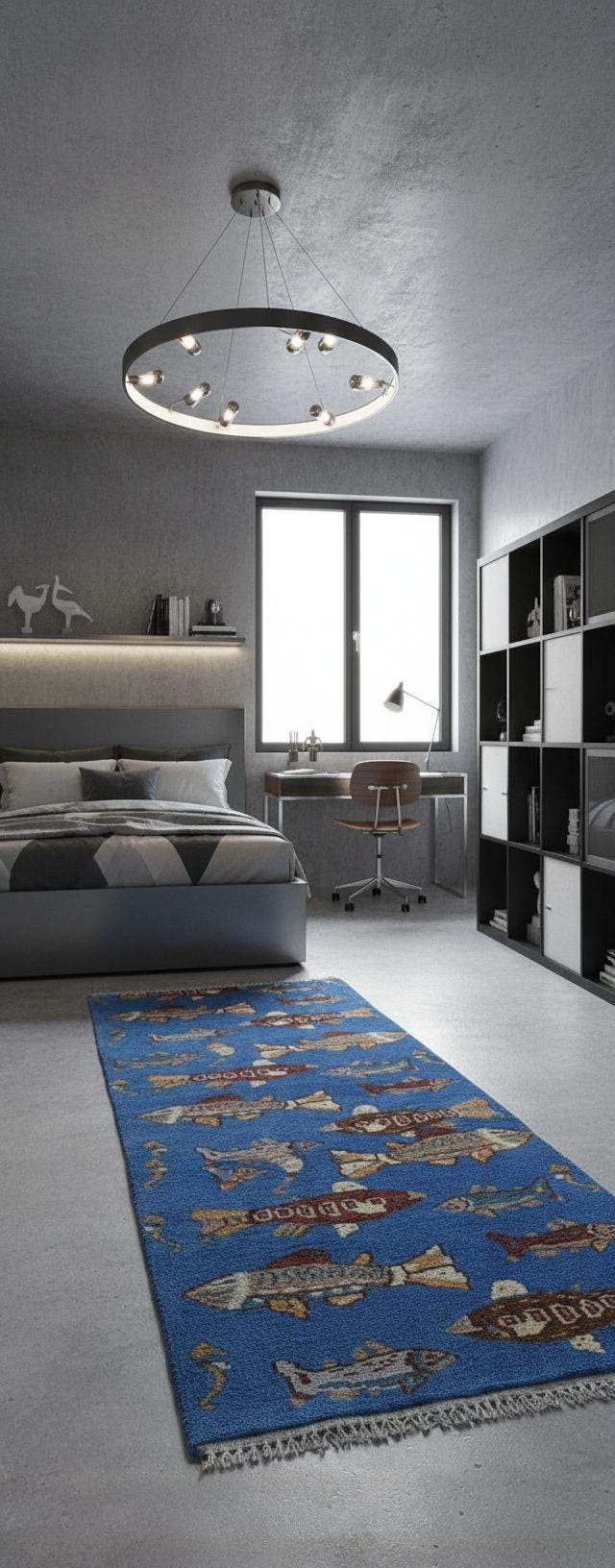 Hand-Knotted Wool Oushak Runner Rug: Fish & Sea Design (2.7x8 Ft)