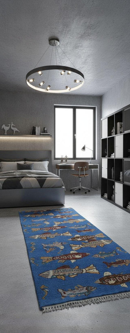 Hand-Knotted Wool Oushak Runner Rug: Fish & Sea Design (2.7x8 Ft)