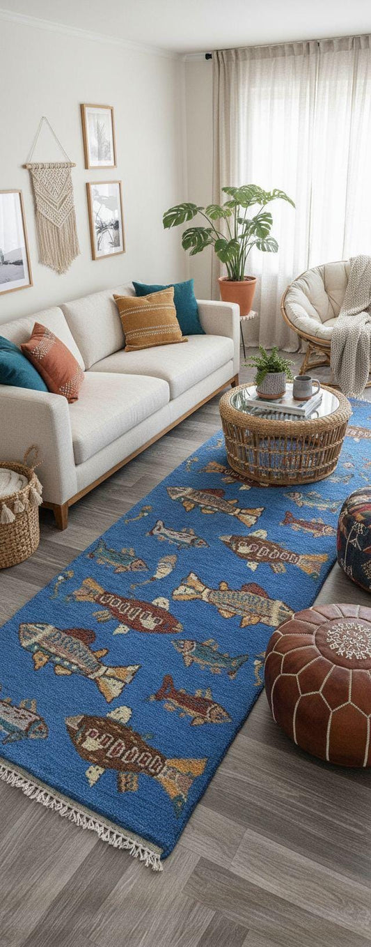 Hand-Knotted Wool Oushak Runner Rug: Fish & Sea Design (2.7x8 Ft)
