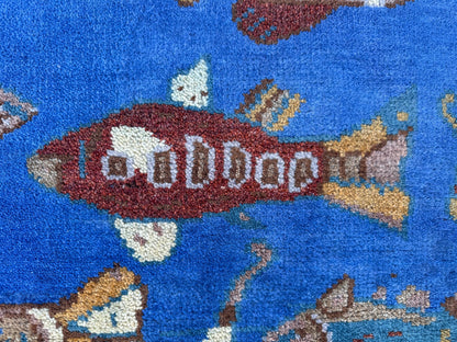Hand-Knotted Wool Oushak Runner Rug: Fish & Sea Design (2.7x8 Ft)