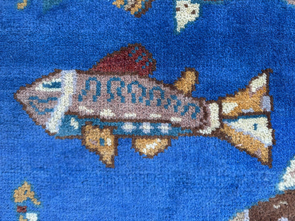 Hand-Knotted Wool Oushak Runner Rug: Fish & Sea Design (2.7x8 Ft)