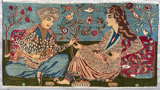 1.9x3.2 ft Turkish Vintage Carpet 1990s | Hand Knotted Wool Pictorial Bohemian Royal Design