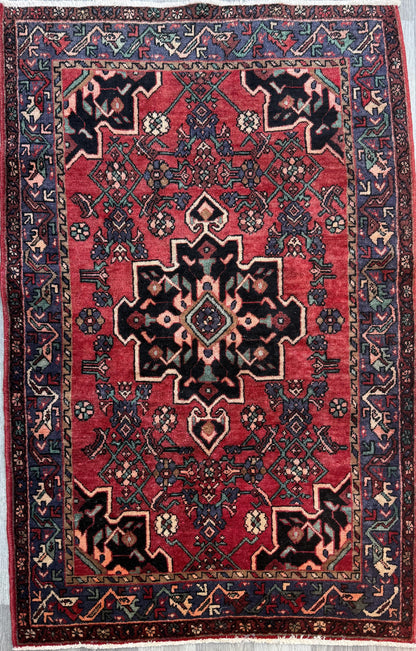4x7 Vintage Anatolian Rug, Hand Knotted Turkish Geometric Wool Rug