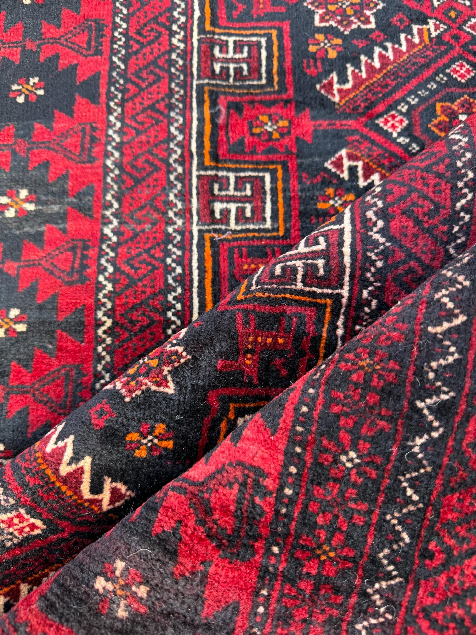 Balouch 6x3 Ft Hand Knotted Wool Rug 1990s Vintage Tribal Runner Dark Red Brown Geometric Boho Hallway Accent Area Floor Covering