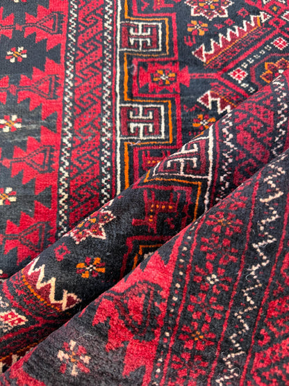 Balouch 6x3 Ft Hand Knotted Wool Rug 1990s Vintage Tribal Runner Dark Red Brown Geometric Boho Hallway Accent Area Floor Covering