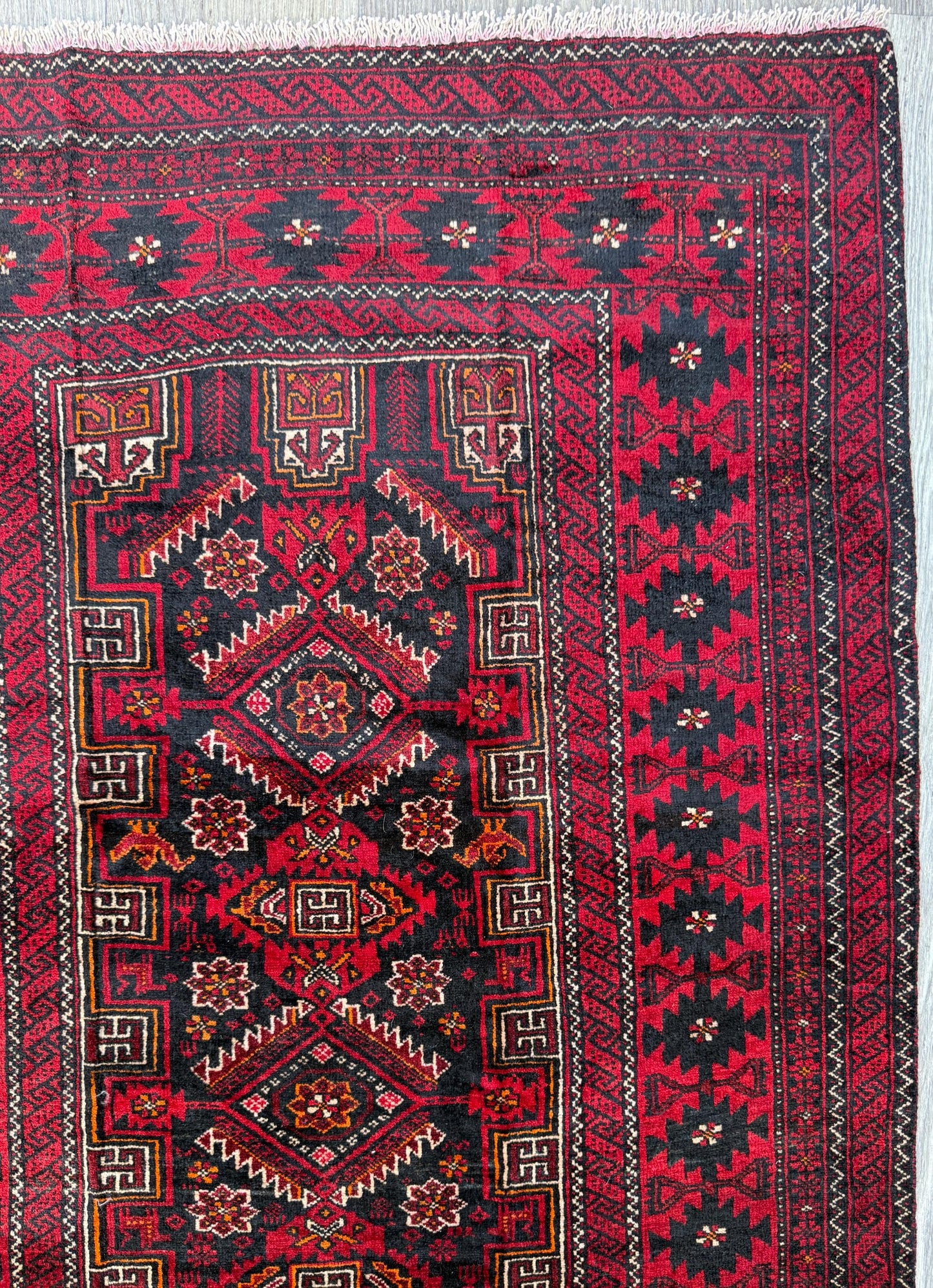 Balouch 6x3 Ft Hand Knotted Wool Rug 1990s Vintage Tribal Runner Dark Red Brown Geometric Boho Hallway Accent Area Floor Covering