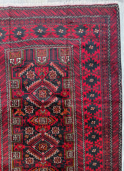 Balouch 6x3 Ft Hand Knotted Wool Rug 1990s Vintage Tribal Runner Dark Red Brown Geometric Boho Hallway Accent Area Floor Covering