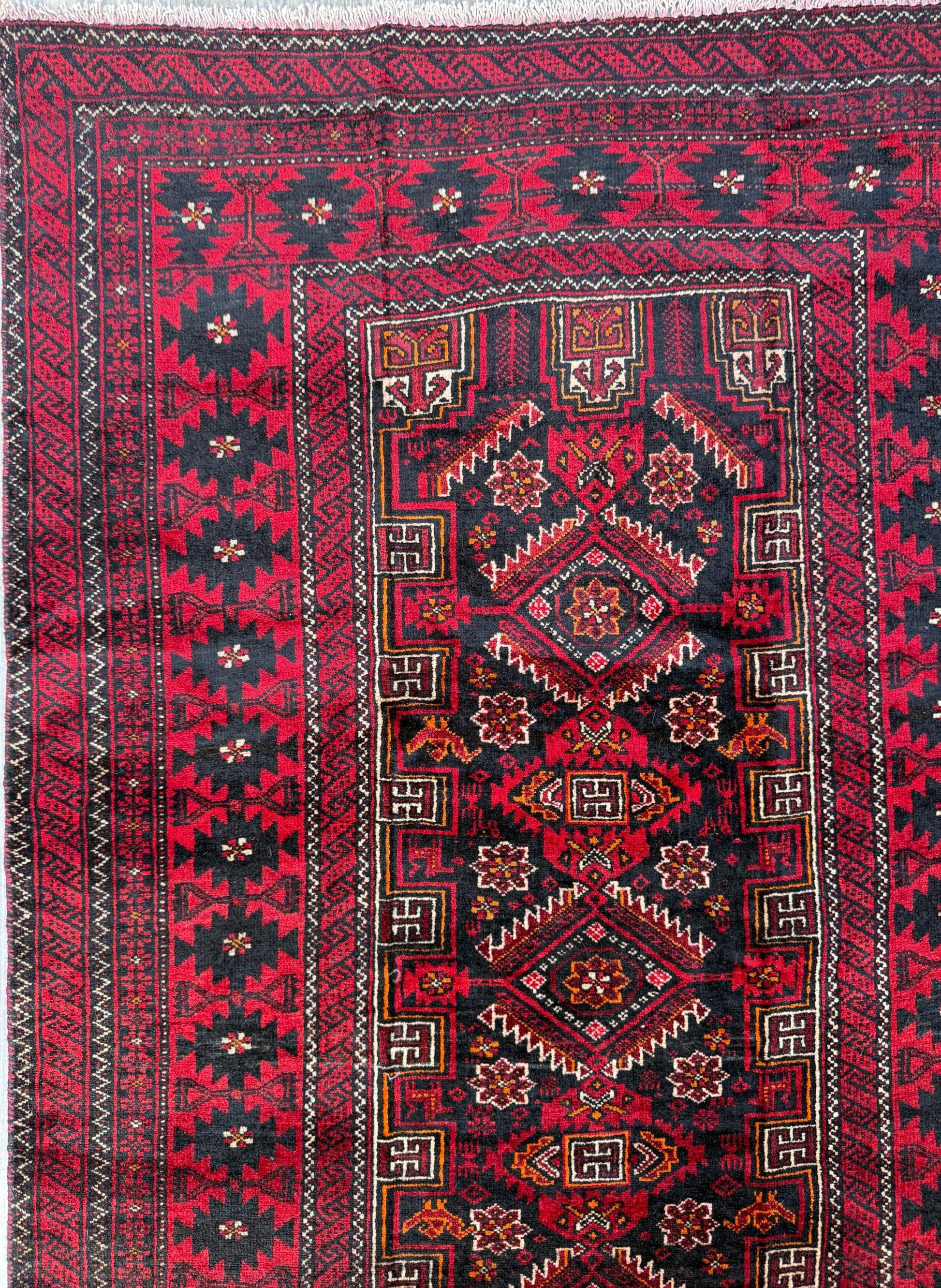 Balouch 6x3 Ft Hand Knotted Wool Rug 1990s Vintage Tribal Runner Dark Red Brown Geometric Boho Hallway Accent Area Floor Covering