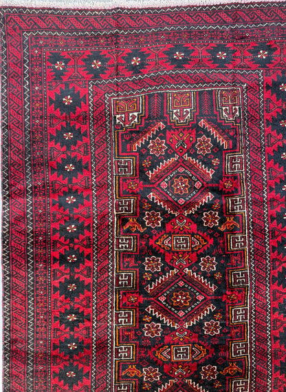 Balouch 6x3 Ft Hand Knotted Wool Rug 1990s Vintage Tribal Runner Dark Red Brown Geometric Boho Hallway Accent Area Floor Covering