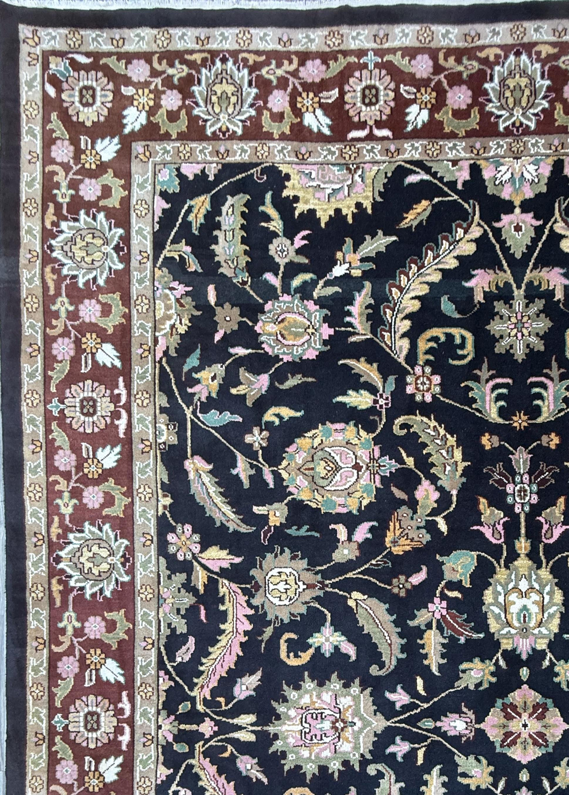 10 x 14 ft Vintage Tabriz Style Wool Rug Hand Knotted Black Vegetable Dye