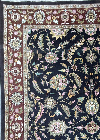 10 x 14 ft Vintage Tabriz Style Wool Rug Hand Knotted Black Vegetable Dye