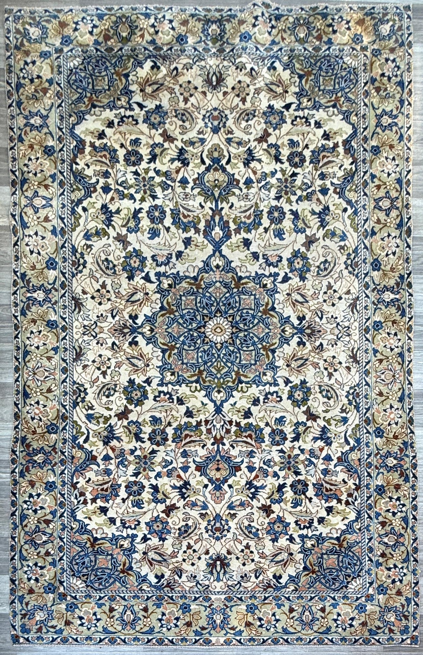 Turkish Beige Vintage Rug 6x10 ft Hand Knotted Wool Anatolian Traditional Area Rug 1970s Floral Medallion Carpet