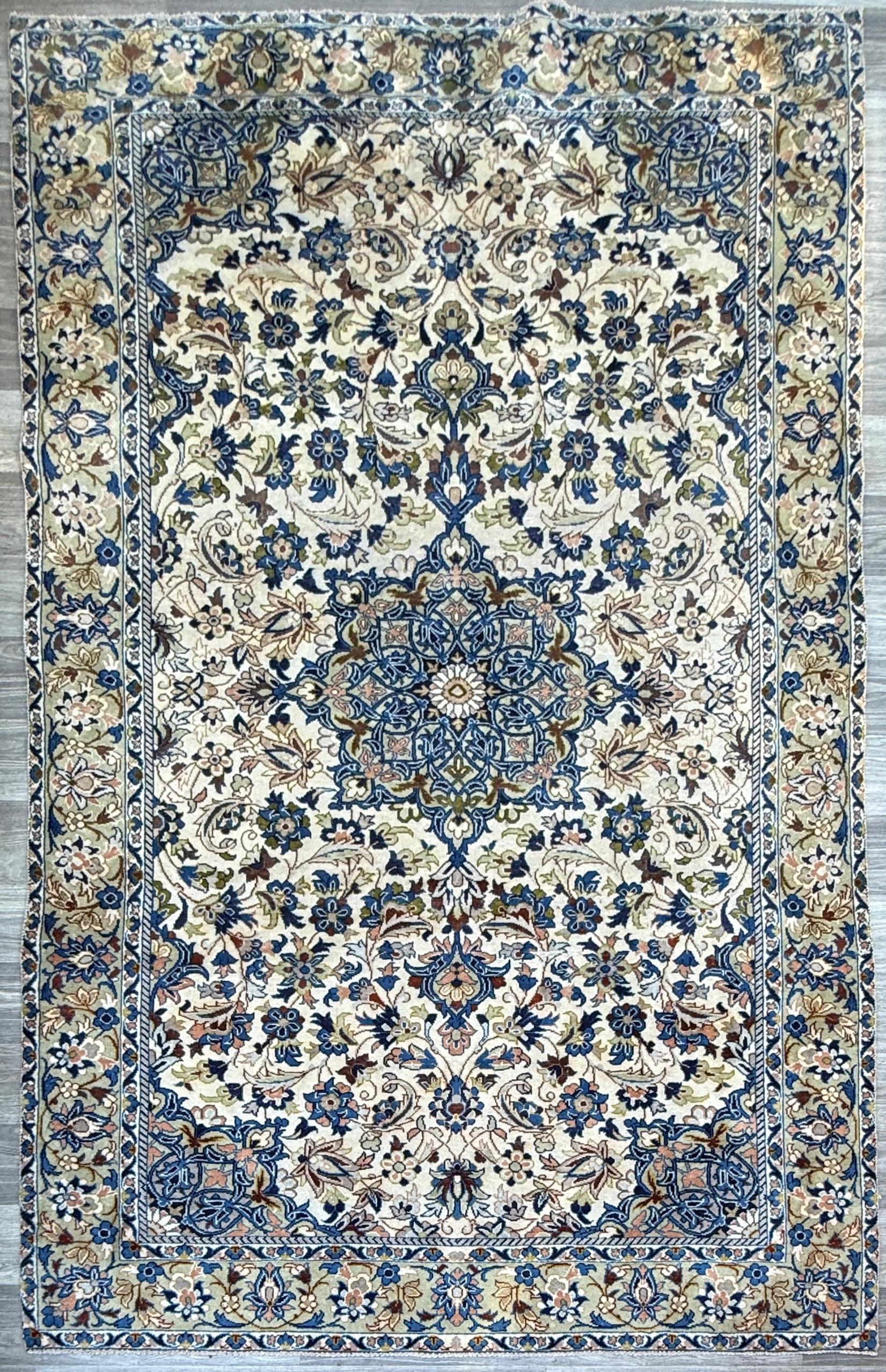 Turkish Beige Vintage Rug 6x10 ft Hand Knotted Wool Anatolian Traditional Area Rug 1970s Floral Medallion Carpet