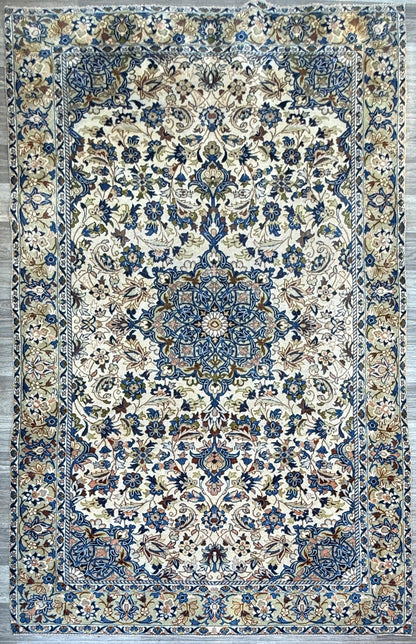 Turkish Beige Vintage Rug 6x10 ft Hand Knotted Wool Anatolian Traditional Area Rug 1970s Floral Medallion Carpet