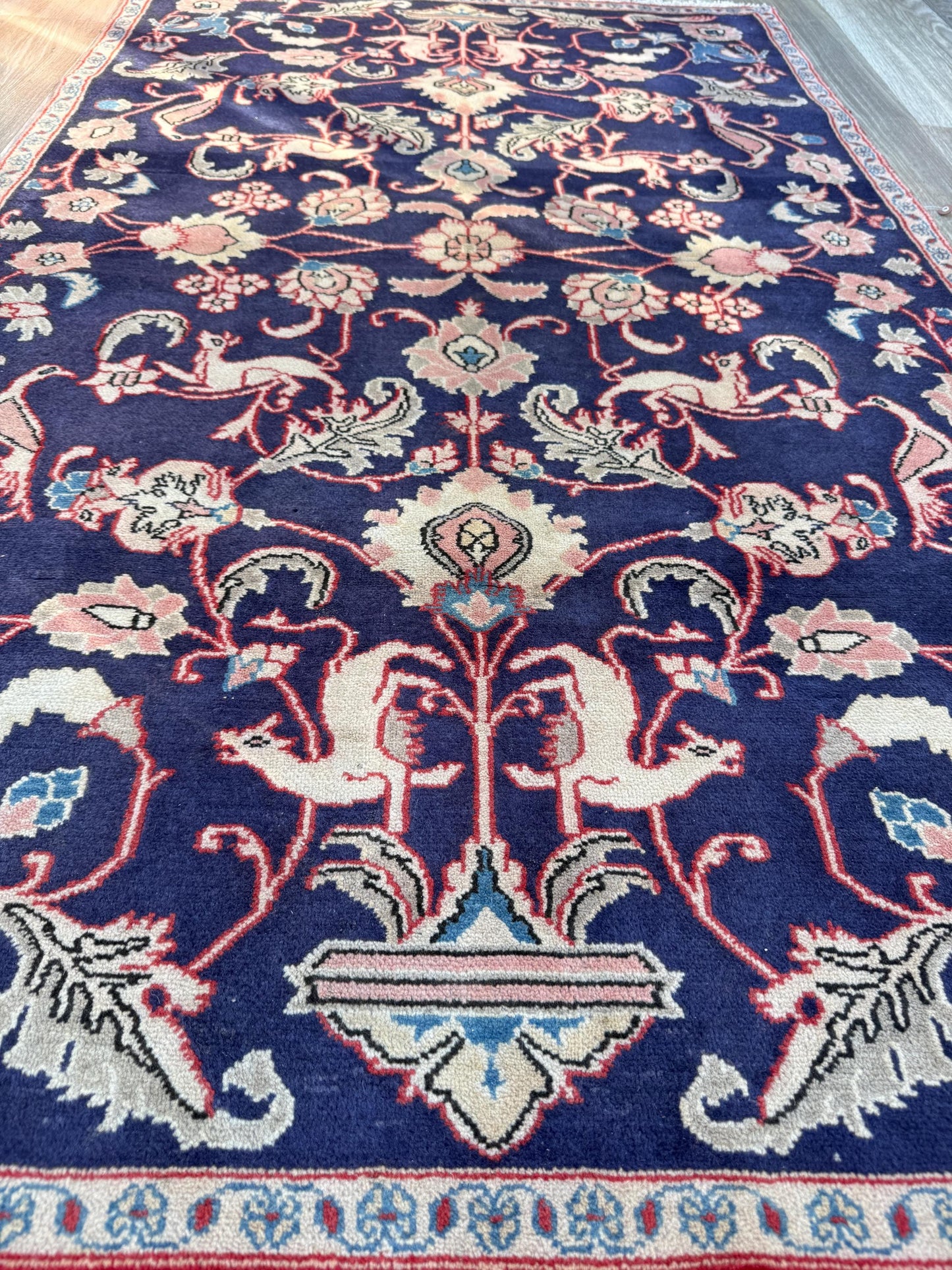 Vintage Turkish Pictorial Tree of Life Rug 3x6 ft Hand Knotted Wool Anatolian Bohemian Area Rug 1970s